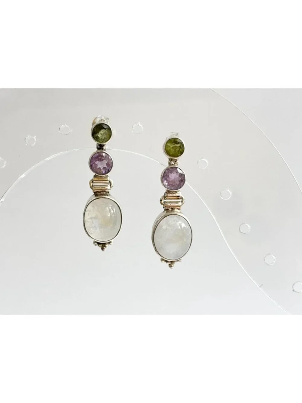 Moonstone, Amethyst & Peridot Vintage Sterling Silver 925 Dangle Drop Earrings